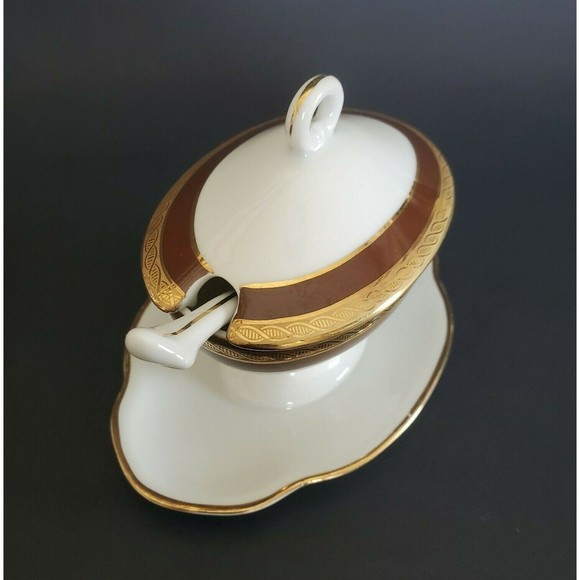 Richard Ginori Palmero Brown China Mustard Pot Tureen with Underplate & Spoon - Picture 5 of 12